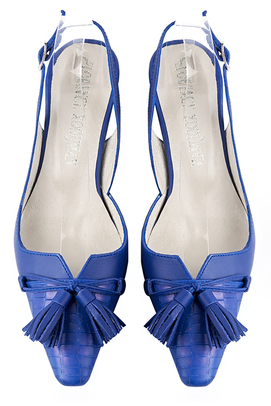 Electric blue women's open back shoes, with a knot. Tapered toe. Medium slim heel. Top view - Florence KOOIJMAN